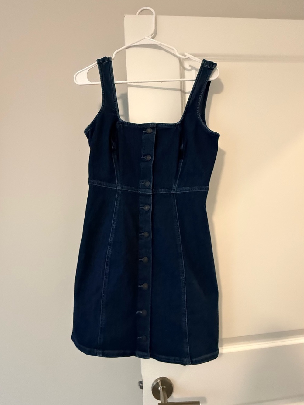 SO Dark Wash Denim Button Front Mini Dress Size M Sleeveless Square Neck❤️ - Picture 2 of 7